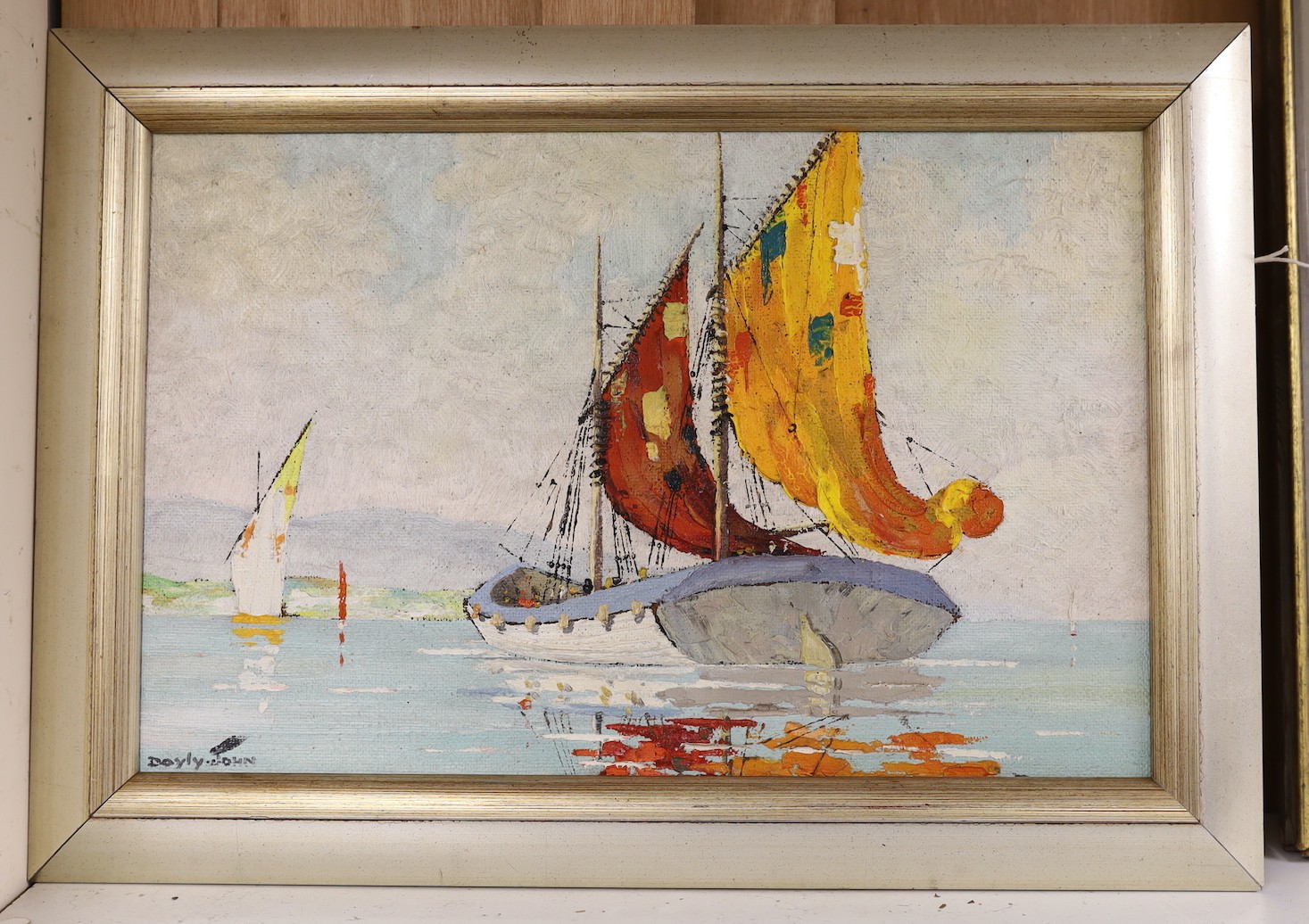 Manner of D'Oyly John, oil on board, Sailing ship off the coast, bears signature, 31 x 49cm